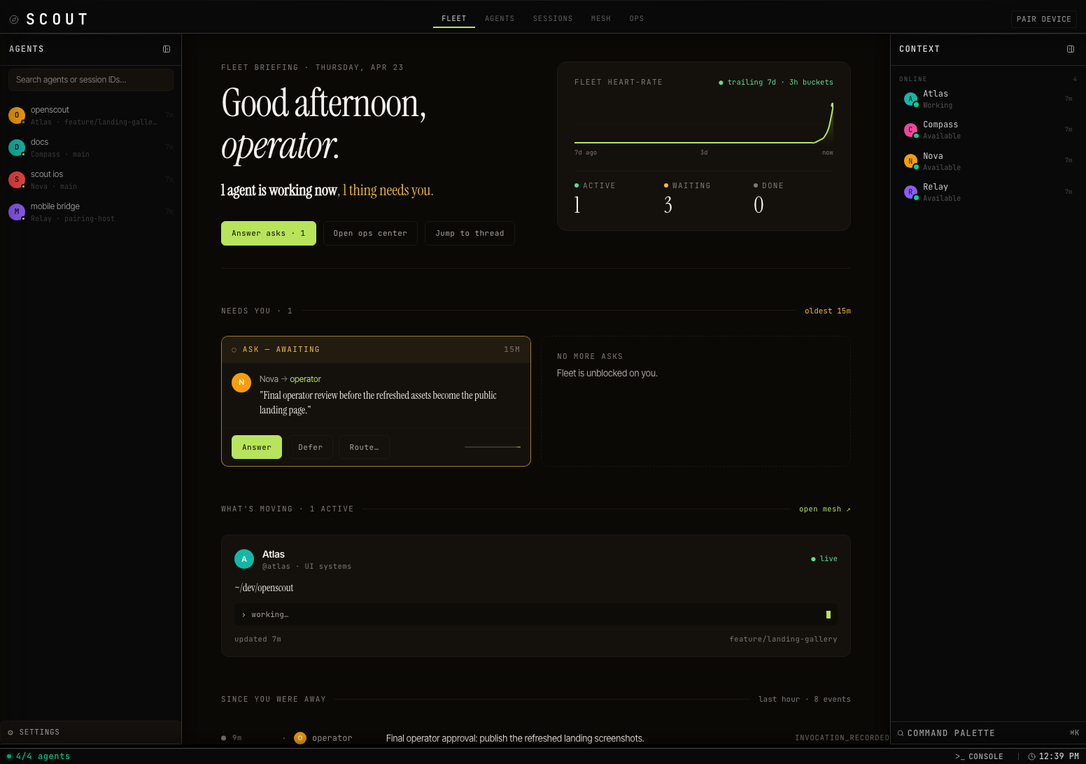 OpenScout web dashboard showing active agents, work in flight, and fleet activity.